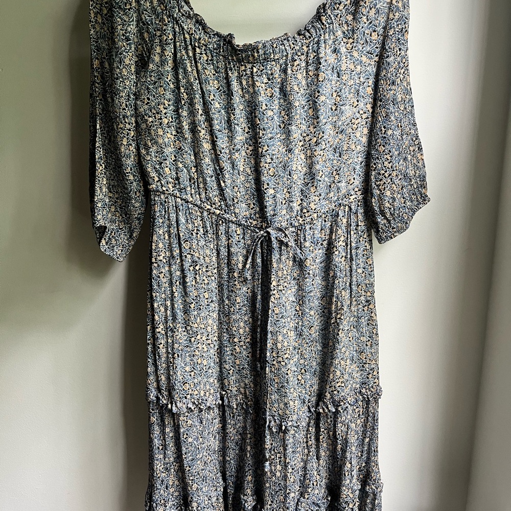 Blue Floral Tiered Ruffled Off-the-Shoulder Midi Sundress